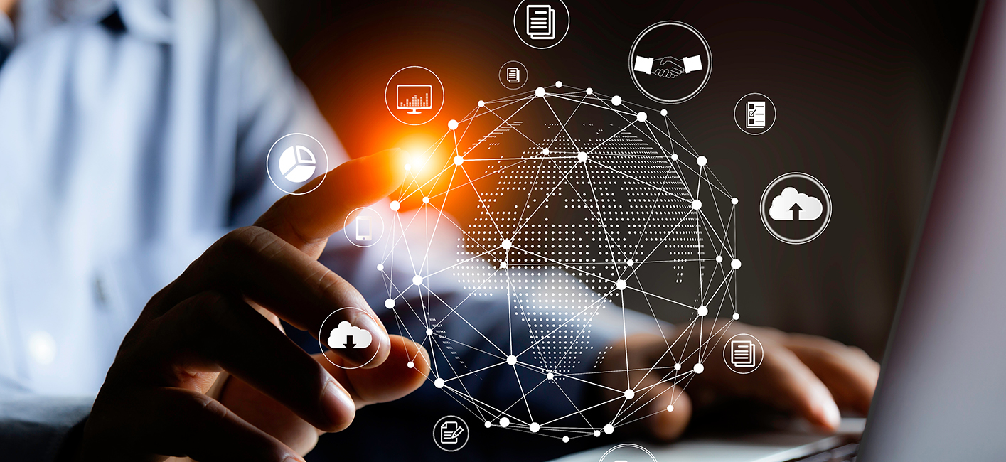 hand touching a hologram representing business transformation procedures